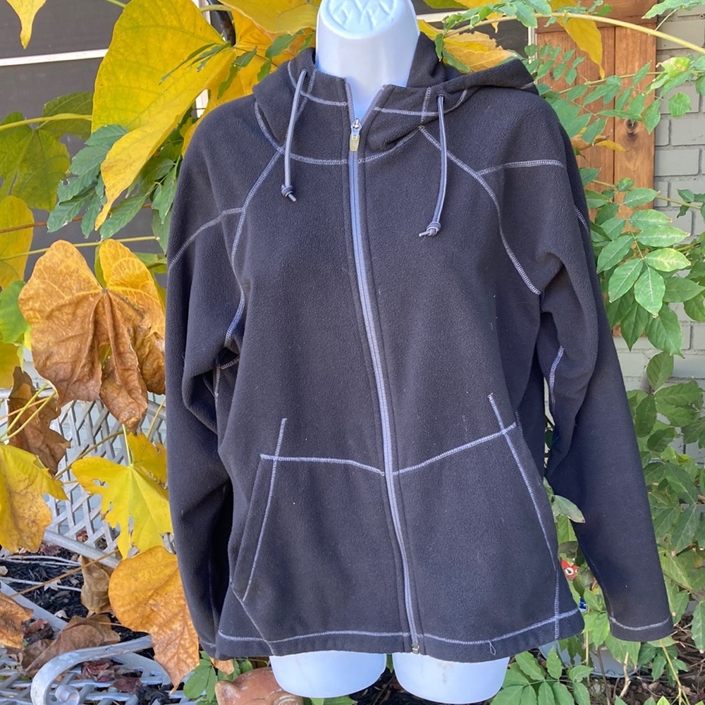REI FLEECE ZIP, HOODED JACKET. Vented underarms, front side pockets. Size large